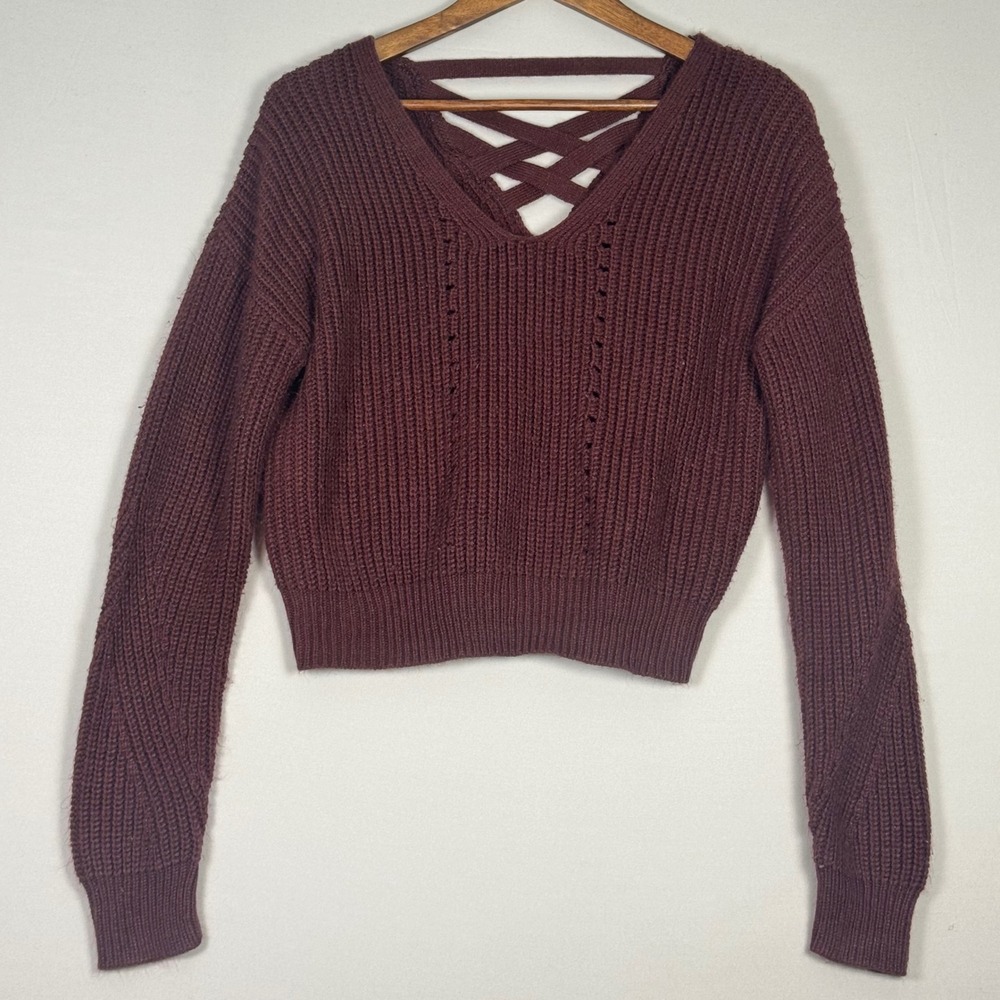 Aeropostale Sweater Women Small Burgundy Excellent Cropped Strappy Back Ribbed
